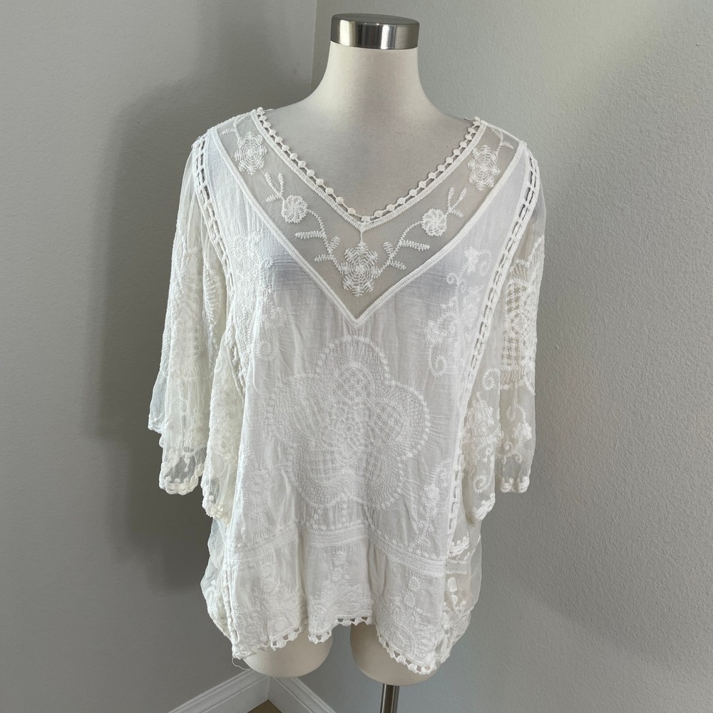 Kindred Womens Plus 2X Ivory Embroidered Lace Boho Peasant Blouse Tunic Top